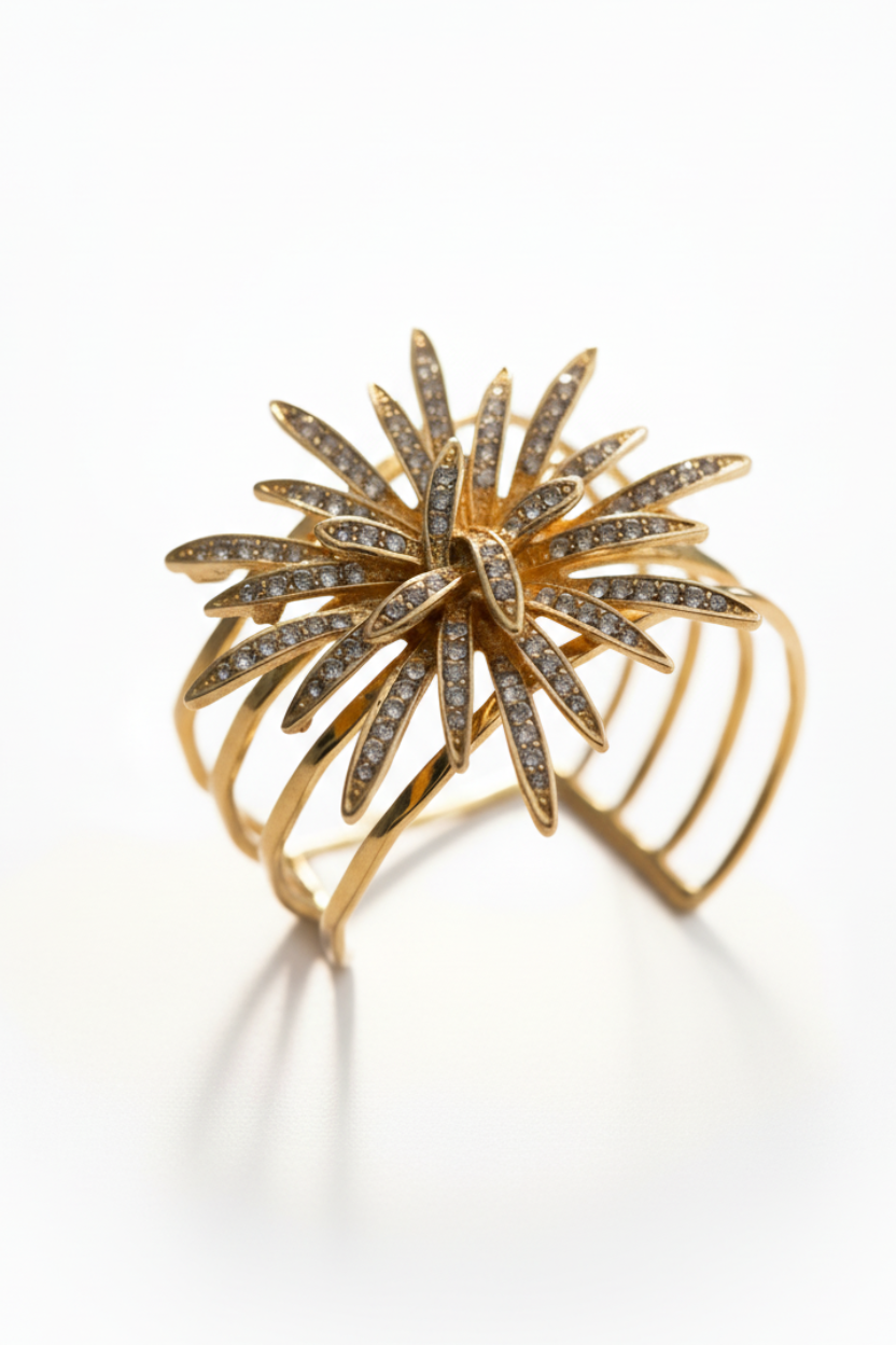 A close-up of a person's wrist wearing a wide, multi-layered gold brass cuff bracelet with a hammered texture, showcasing four parallel bands. ZoharasVogue 