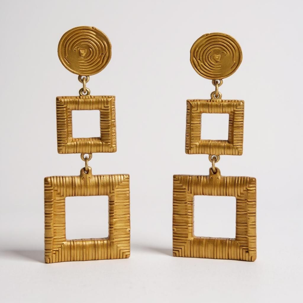 14K gold electroplated geometric necklace and matching earrings set, square design, displayed on white background