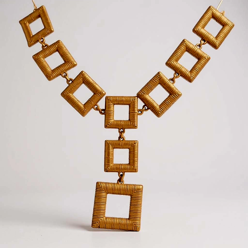 14K gold electroplated geometric necklace and matching earrings set, square design, displayed on white background