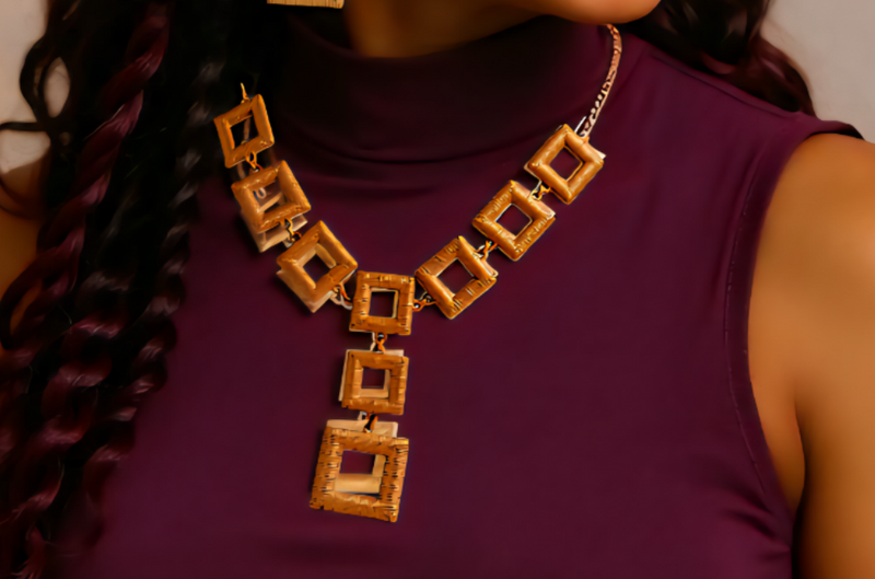 14K gold electroplated geometric necklace and matching earrings set, square design, displayed on white background