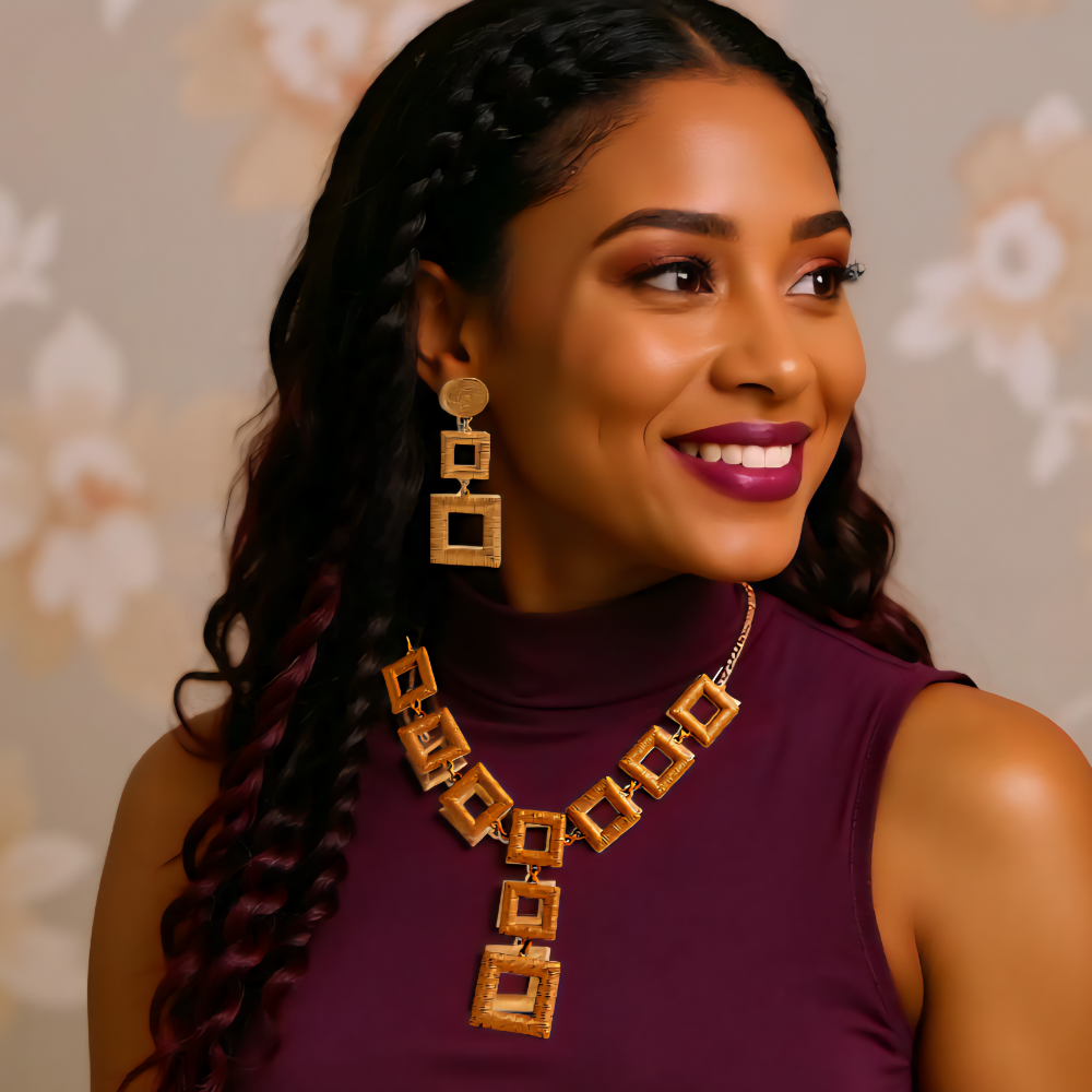 14K gold electroplated geometric necklace and matching earrings set, square design, displayed on white background