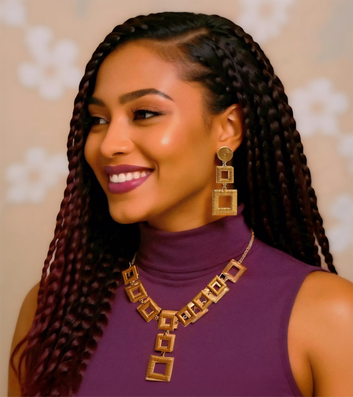 14K gold electroplated geometric necklace and matching earrings set, square design, displayed on white background