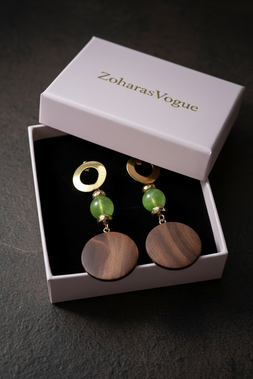 Elegant Caribbean-inspired handmade earrings featuring green marbled beads, gold spacer accents, 18k gold hooks, and natural wooden disc pendants styled in a soft luxury editorial aesthetic.
