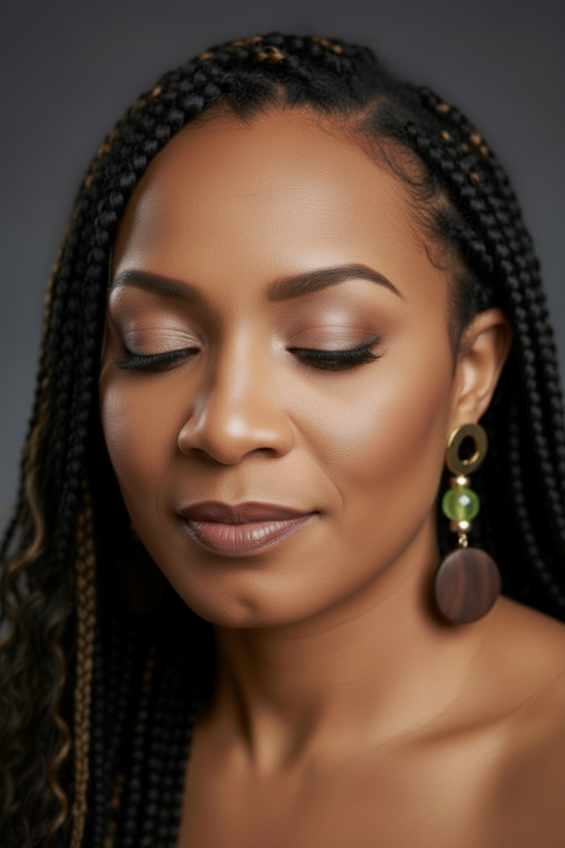 Elegant Caribbean-inspired handmade earrings featuring green marbled beads, gold spacer accents, 18k gold hooks, and natural wooden disc pendants styled in a soft luxury editorial aesthetic.