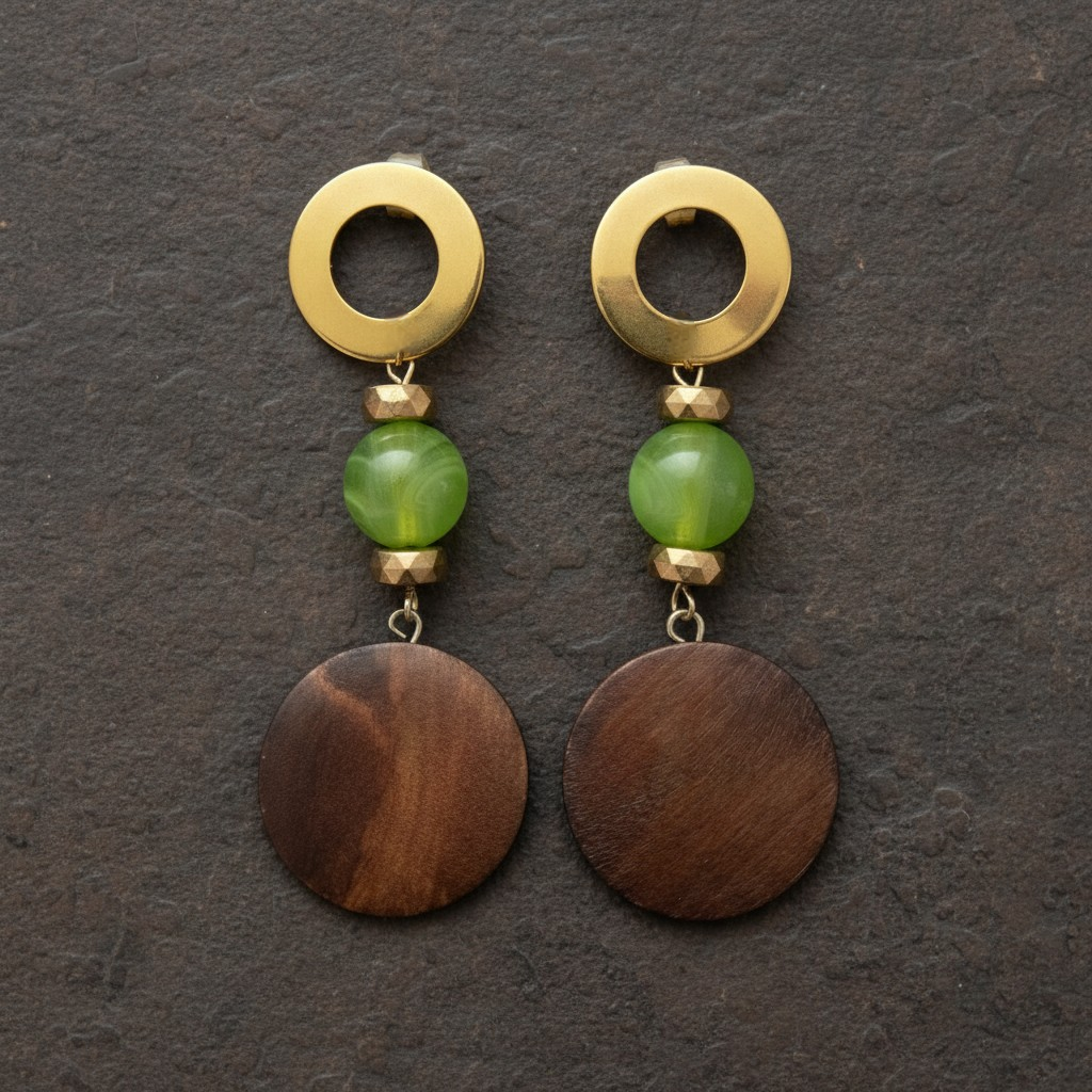 Elegant Caribbean-inspired handmade earrings featuring green marbled beads, gold spacer accents, 18k gold hooks, and natural wooden disc pendants styled in a soft luxury editorial aesthetic.