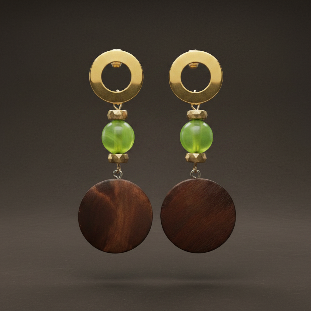 Elegant Caribbean-inspired handmade earrings featuring green marbled beads, gold spacer accents, 18k gold hooks, and natural wooden disc pendants styled in a soft luxury editorial aesthetic.
