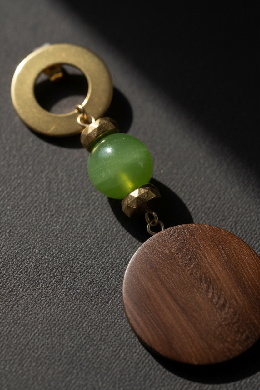 Elegant Caribbean-inspired handmade earrings featuring green marbled beads, gold spacer accents, 18k gold hooks, and natural wooden disc pendants styled in a soft luxury editorial aesthetic.