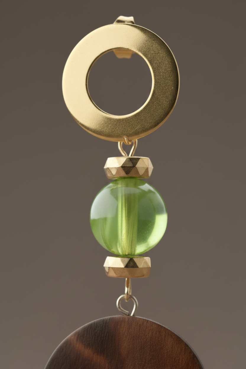 Elegant Caribbean-inspired handmade earrings featuring green marbled beads, gold spacer accents, 18k gold hooks, and natural wooden disc pendants styled in a soft luxury editorial aesthetic.