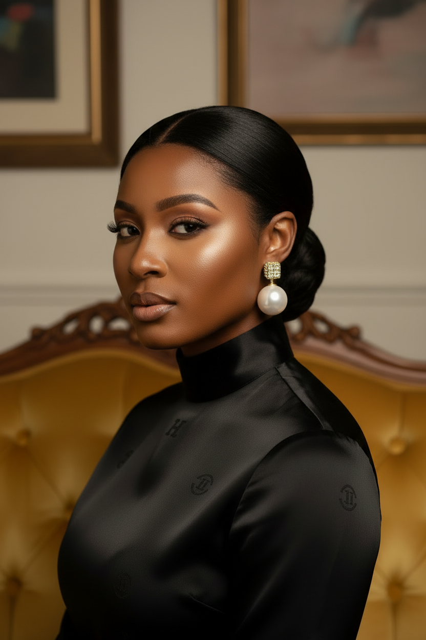 Model wearing Amora Heart Pearl Earrings — 14K gold-plated heart studs with luminous pearls, handcrafted for timeless romance and modern sophistication. ZoharasVogue