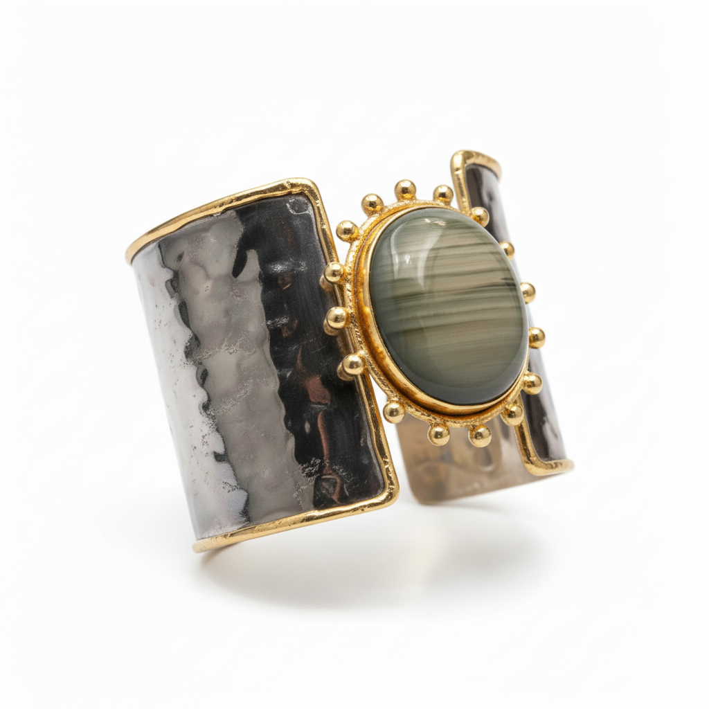 Arden Sage Cuff bracelet featuring a sage-gray labradorite stone set in brass and stainless steel with marbled enamel panels and gold detailing.