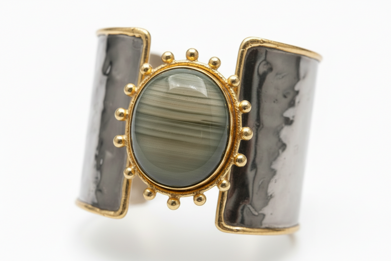 Arden Sage Cuff bracelet featuring a sage-gray labradorite stone set in brass and stainless steel with marbled enamel panels and gold detailing. ZoharasVogue 