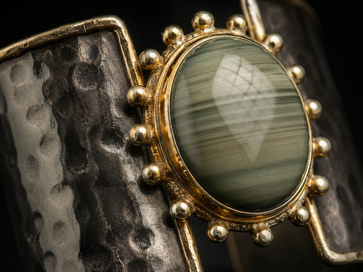 Close-up of a hammered dark metal cuff Arden_Sage_Cuff_bracelet_ZoharasVogue with a large oval green stone centerpiece and gold-tone beaded border on a black background.