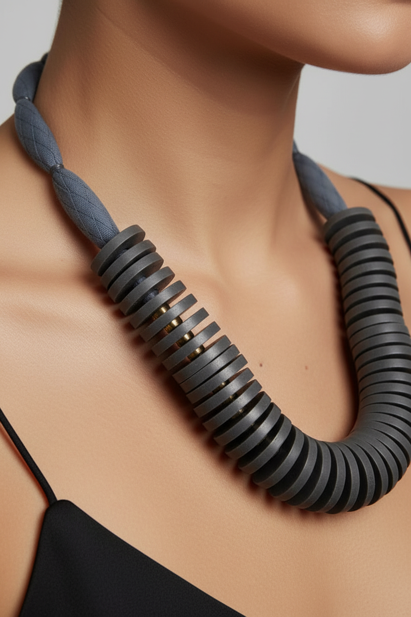 Necklace with gray, ribbed design worn by a model against a neutral background_ZoharasVogue