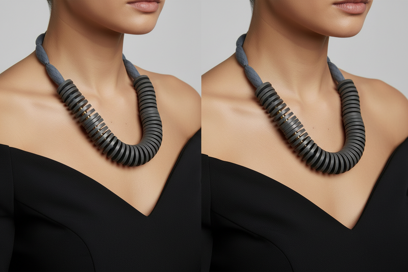 Necklace with gray, ribbed design worn by a model against a neutral background_ZoharasVogue