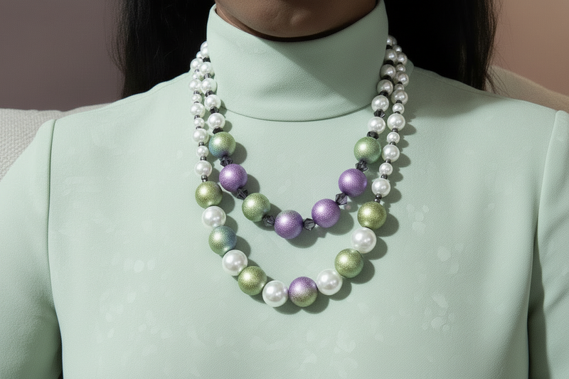 Close-up of handmade Astraea Luster Necklace featuring a white pearl and shimmering iridescent crystal sterling silver. ZoharasVogue 