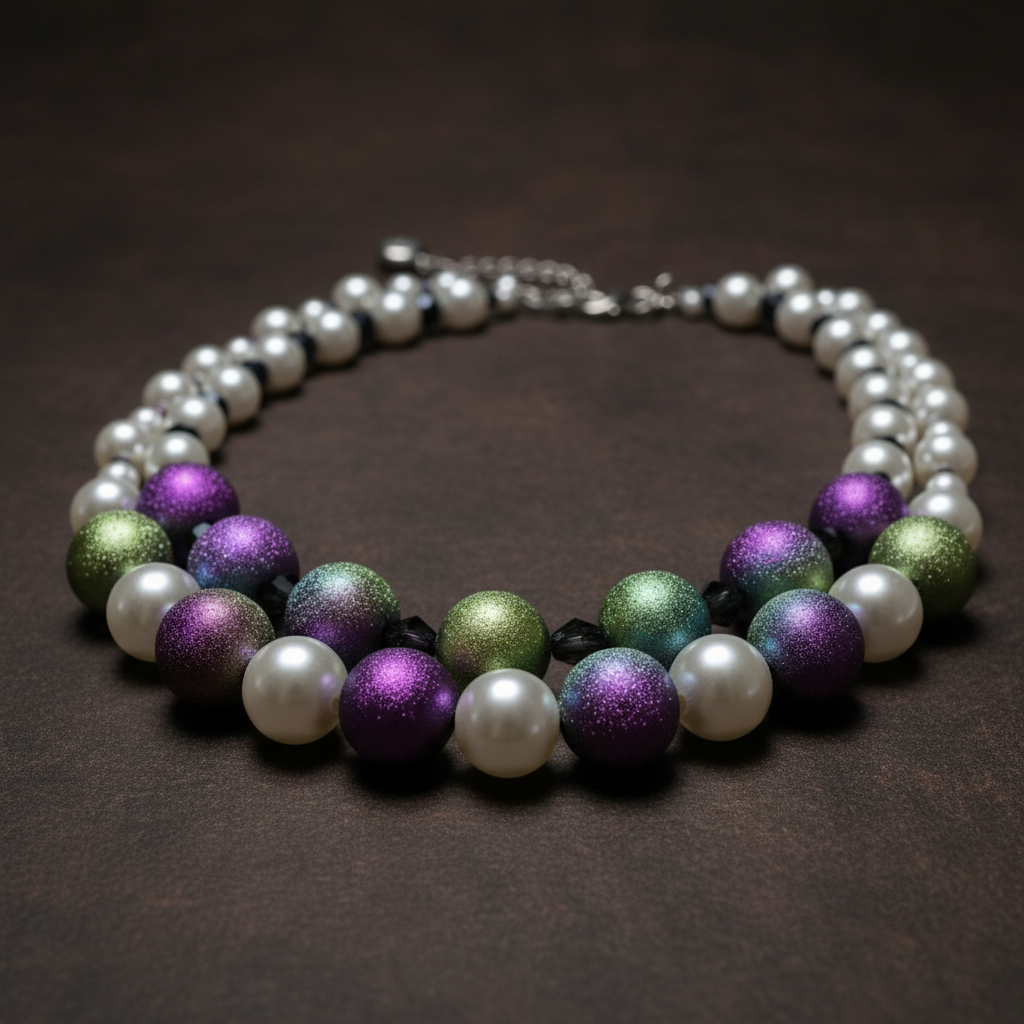 Close-up of handmade Astraea Luster Necklace featuring a white pearl and shimmering iridescent crystal sterling silver. ZoharasVogue 