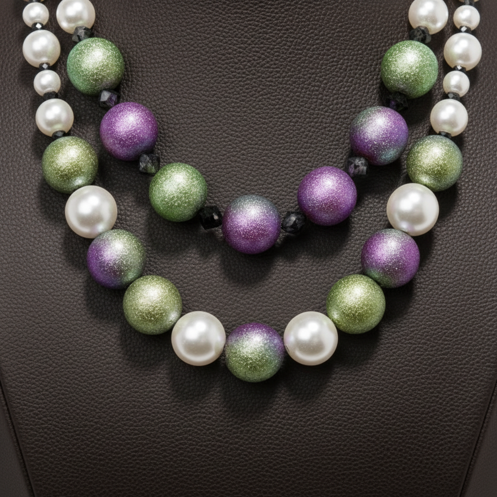 Close-up of handmade Astraea Luster Necklace featuring a white pearl and shimmering iridescent crystal sterling silver. ZoharasVogue 