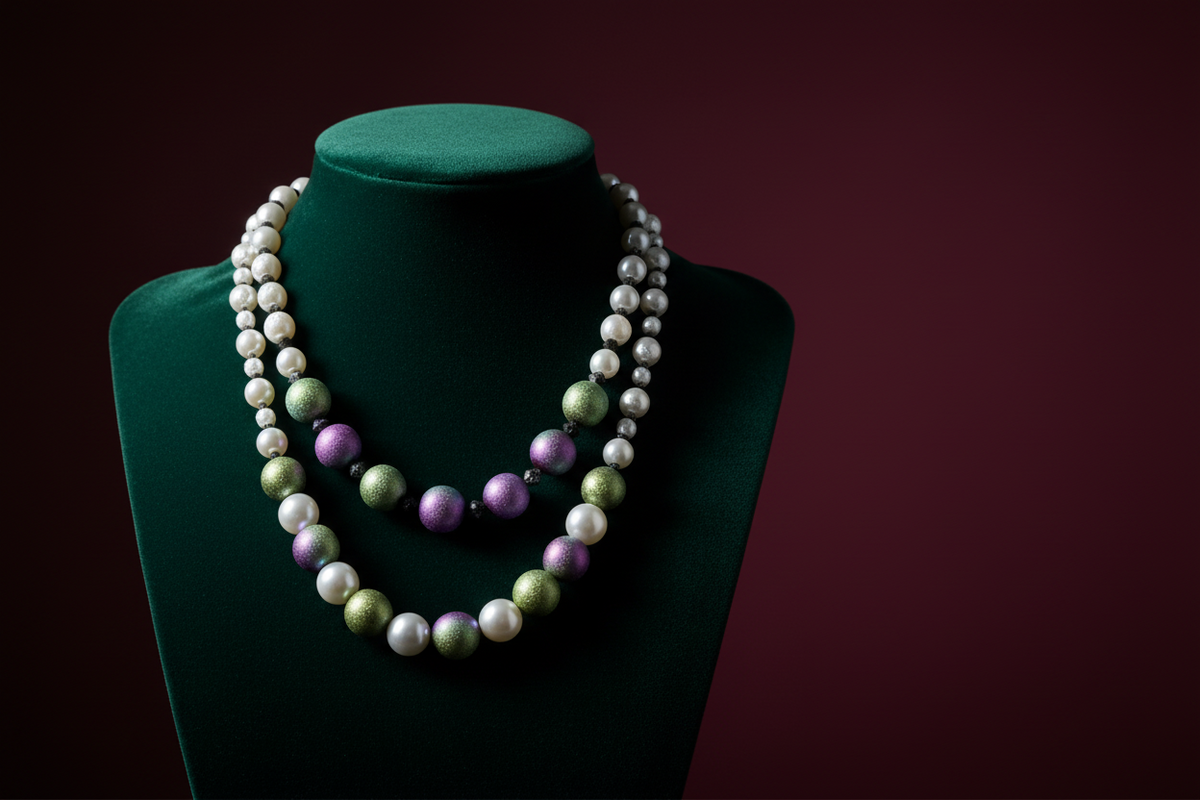 Close-up of handmade Astraea Luster Necklace featuring a white pearl and shimmering iridescent crystal sterling silver. ZoharasVogue 