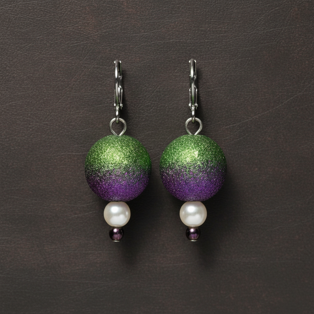 Close-up of handmade Astraea Luster stud earrings featuring a white pearl and shimmering iridescent crystal on a sterling silver post. ZoharasVogue 