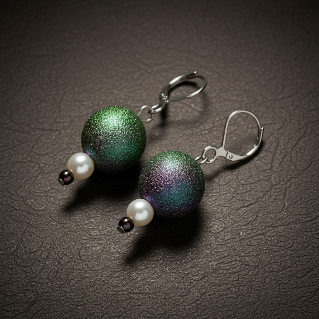 Close-up of handmade Astraea Luster stud earrings featuring a white pearl and shimmering iridescent crystal on a sterling silver post. ZoharasVogue 