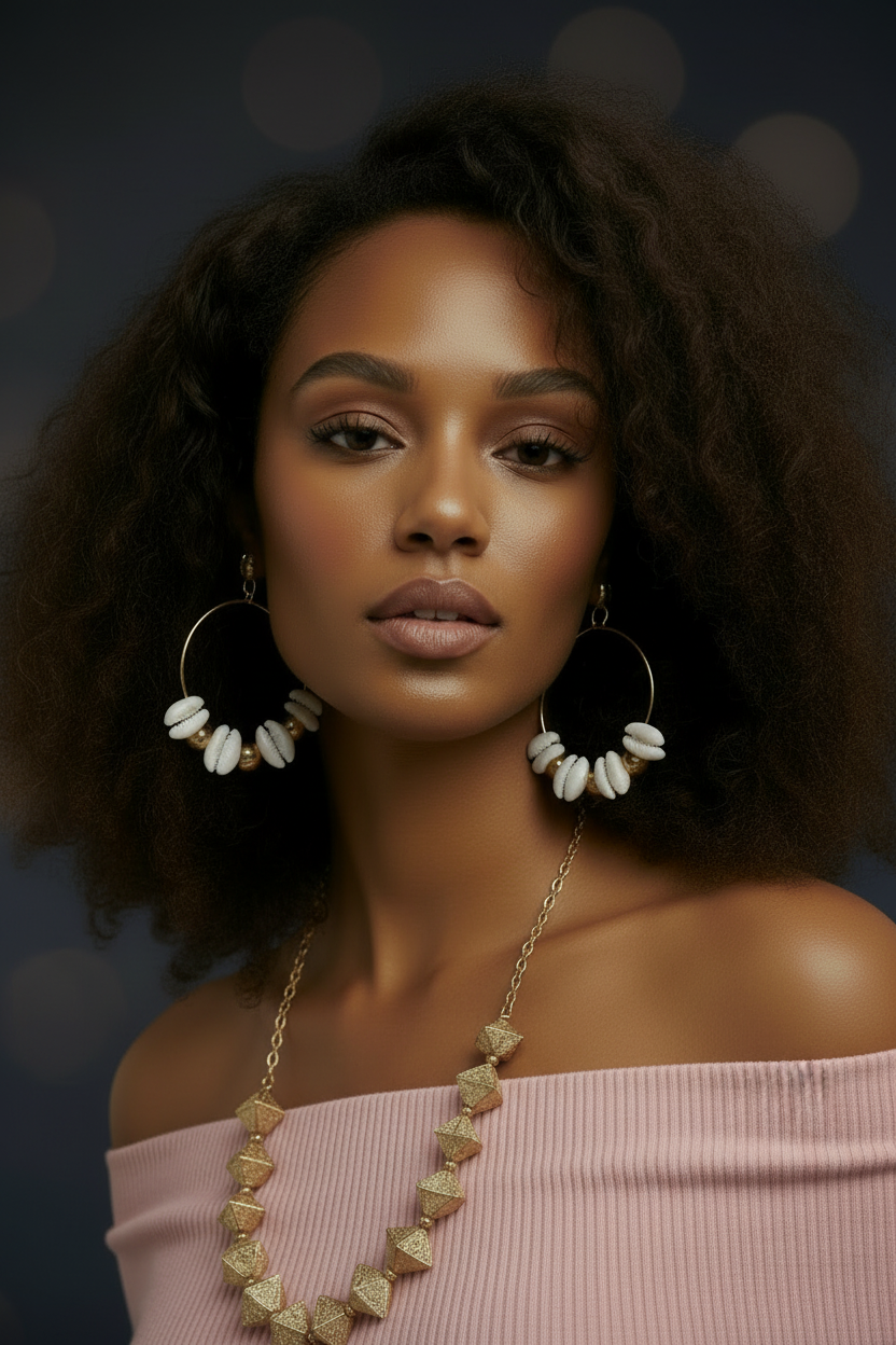 Gold-filled hoop chandelier earrings with white Ashanti recycled glass beads and a gold wood barrel accent.+ZOHARAS VOGUE