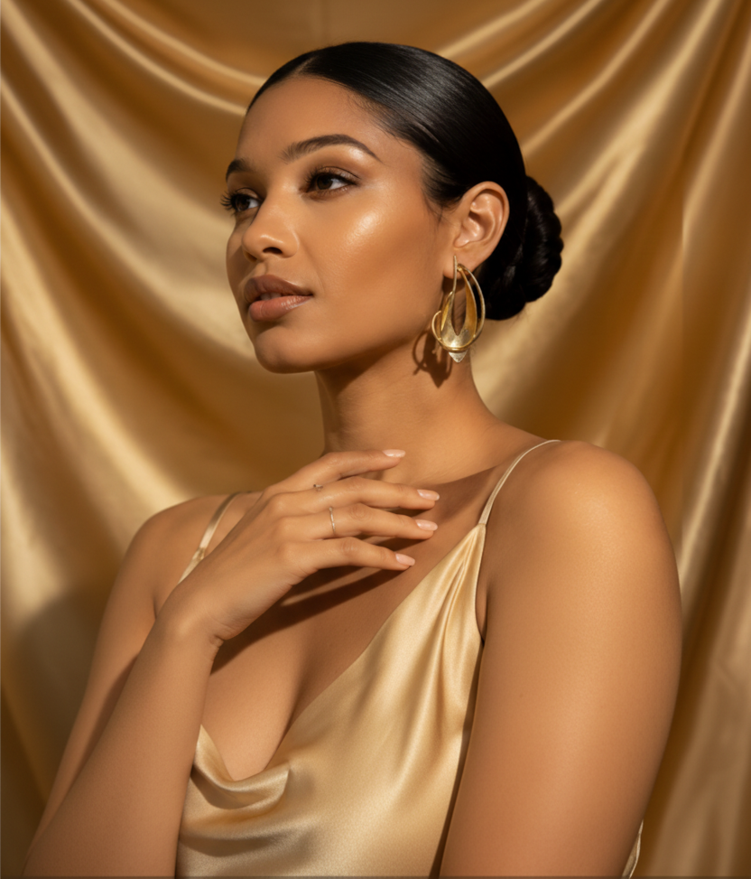 Model wearing gold hoop earrings against a beige curtain background