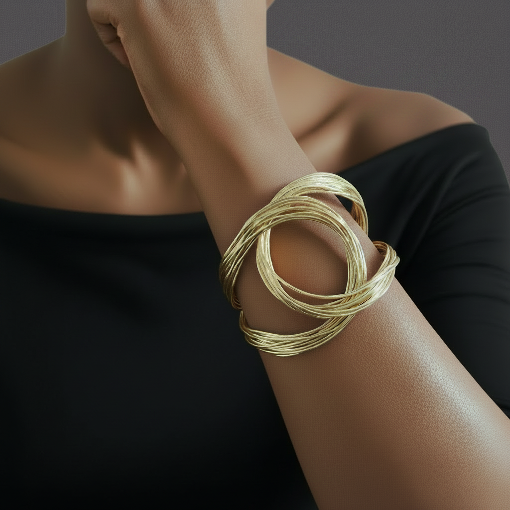 Aurelia Orbital Cuff a  close-up shot of an 18k gold plated brass cuff bracelet on a person's wrist. The bracelet features a large, sculptural design made of many fine interlocking gold wire loops. ZoharasVogue 