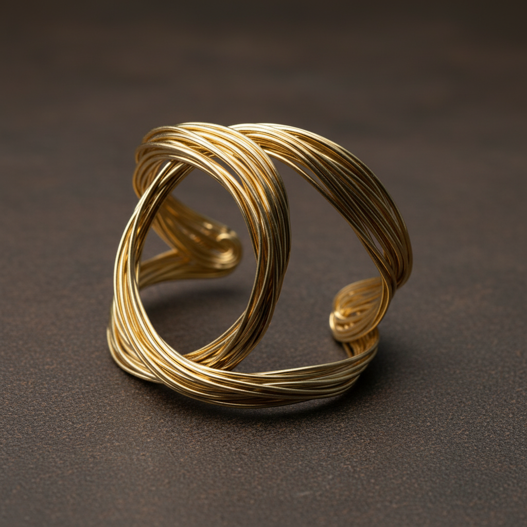 Aurelia Orbital Cuff A close-up shot of an 18k gold plated brass cuff bracelet on a person's wrist. The bracelet features a large, sculptural design made of many fine interlocking gold wire loops. ZoharasVogue 