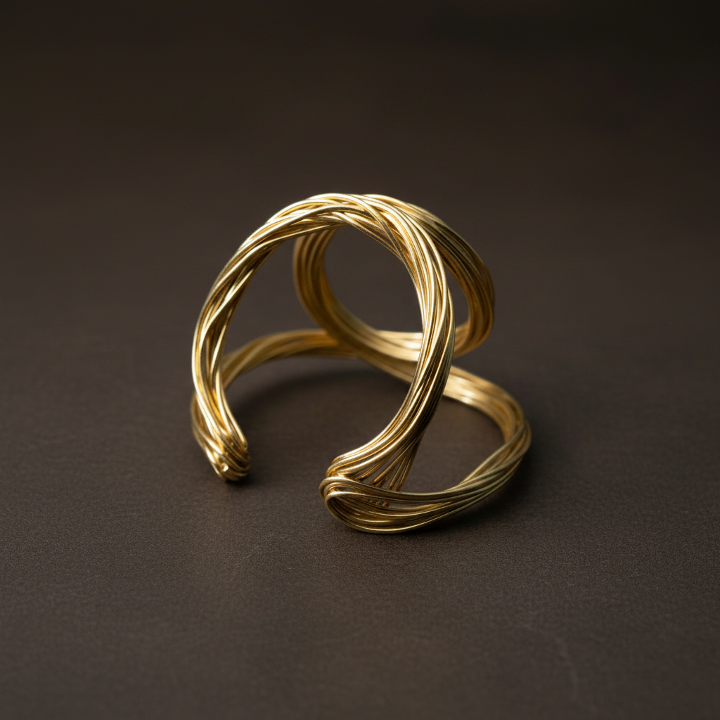 Aurelia Orbital Cuff A close-up shot of an 18k gold plated brass cuff bracelet on a person's wrist. The bracelet features a large, sculptural design made of many fine interlocking gold wire loops. ZoharasVogue 