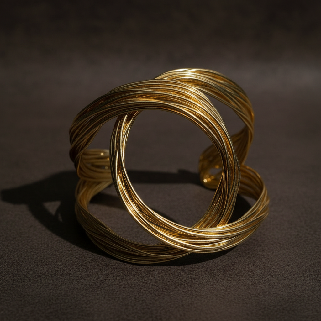Aurelia Orbital Cuff a  close-up shot of an 18k gold plated brass cuff bracelet on a person's wrist. The bracelet features a large, sculptural design made of many fine interlocking gold wire loops. ZoharasVogue 
