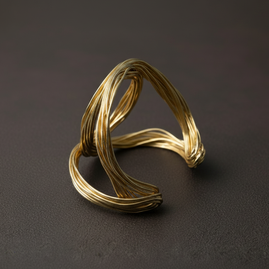 Aurelia Orbital Cuff a  close-up shot of an 18k gold plated brass cuff bracelet on a person's wrist. The bracelet features a large, sculptural design made of many fine interlocking gold wire loops. ZoharasVogue 