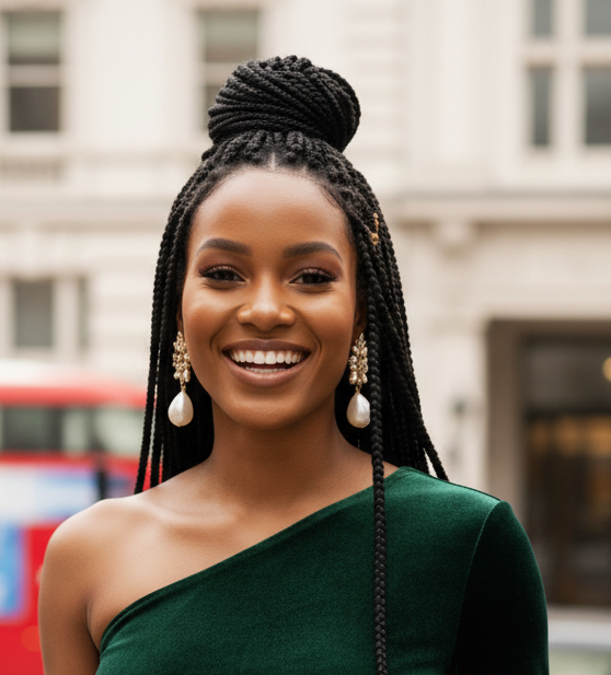 Woman with braided hair wearing a green dress in an urban setting. ZoharasVogue 