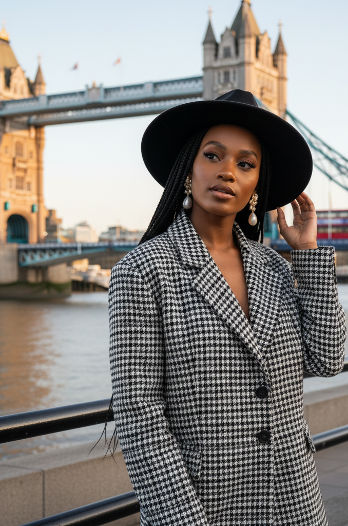 Woman in a checkered coat and black hat standing in front of Tower Bridge.