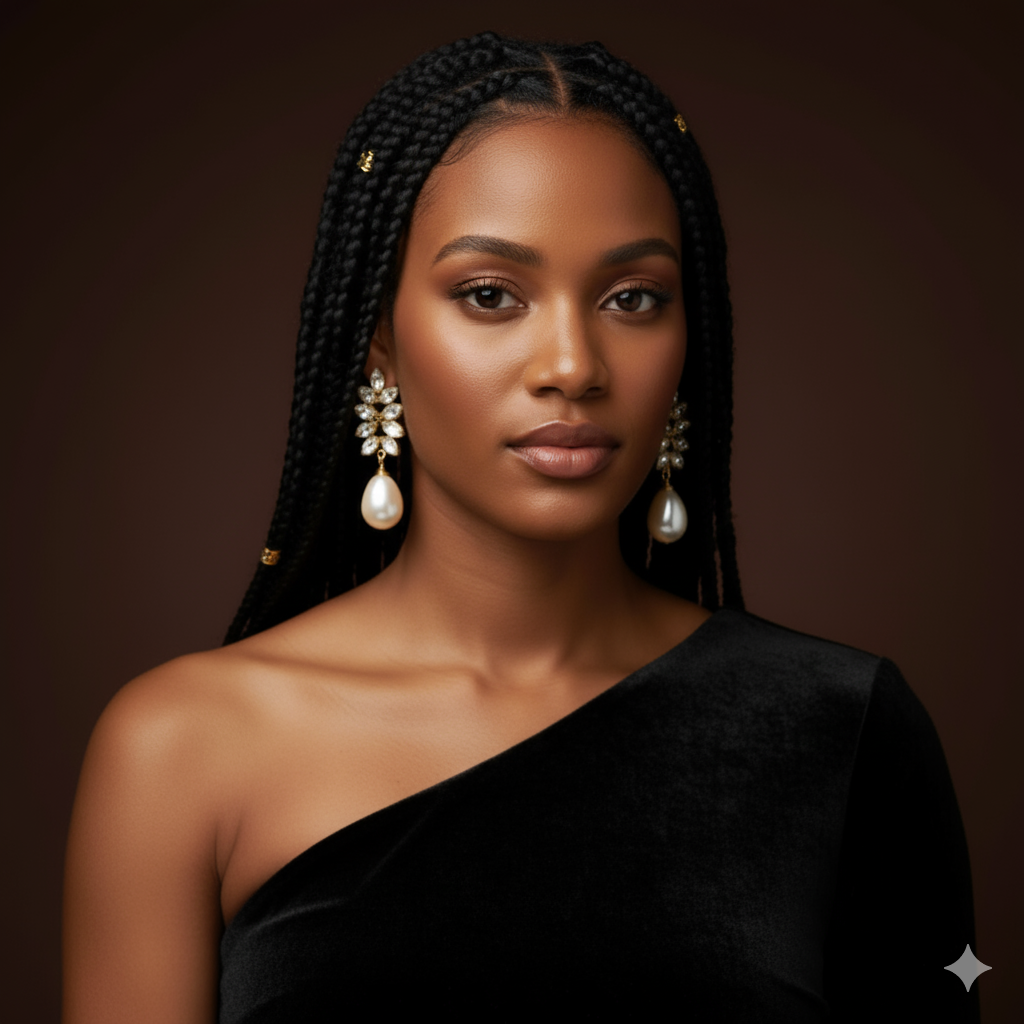 Woman wearing a black one-shoulder dress with long braided hair and pearl earrings on a brown background. ZoharasVogue 