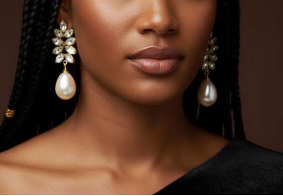 Woman wearing a black one-shoulder dress with long braided hair and pearl earrings on a brown background. ZoharasVogue 