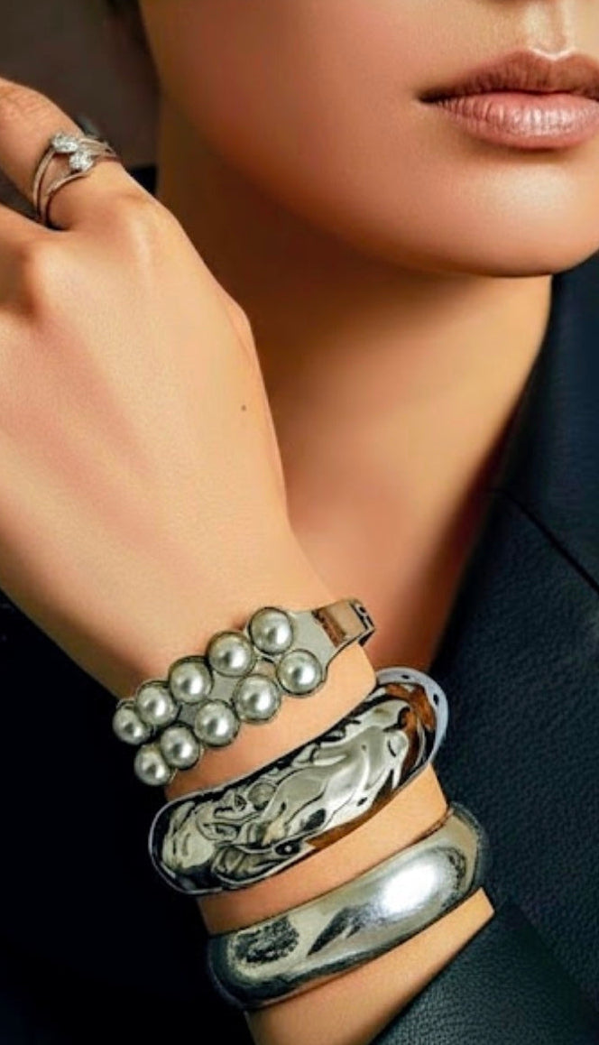 Ayesha Mood Cuff — geometric gold bracelet with pearl details and open adjustable design. ZoharasVogue