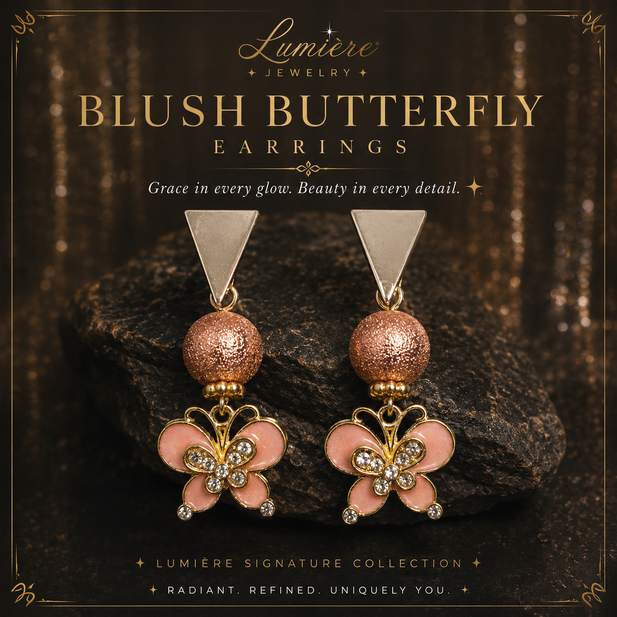Blush Butterfly statement earrings with pink enamel butterflies, sparkling crystal accents, textured rose-gold-tone beads and geometric tops. ZoharasVogue 