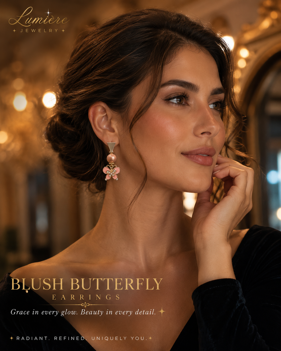 Blush Butterfly statement earrings with pink enamel butterflies, sparkling crystal accents, textured rose-gold-tone beads and geometric tops. ZoharasVogue 