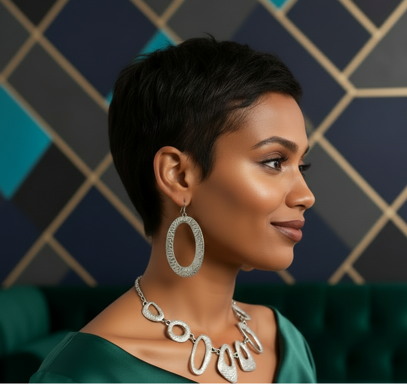Model wearing a necklace and earrings in front of a geometric-patterned wall.