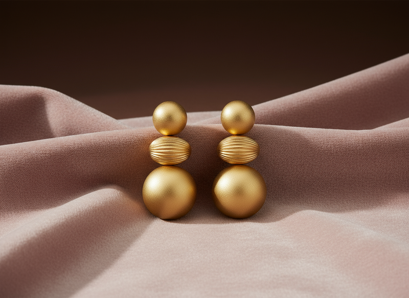 A pair of Calia Matte Balance Earrings — geometric tiered matte gold earrings with a striped texture and sculptural form, styled for modern elegance.