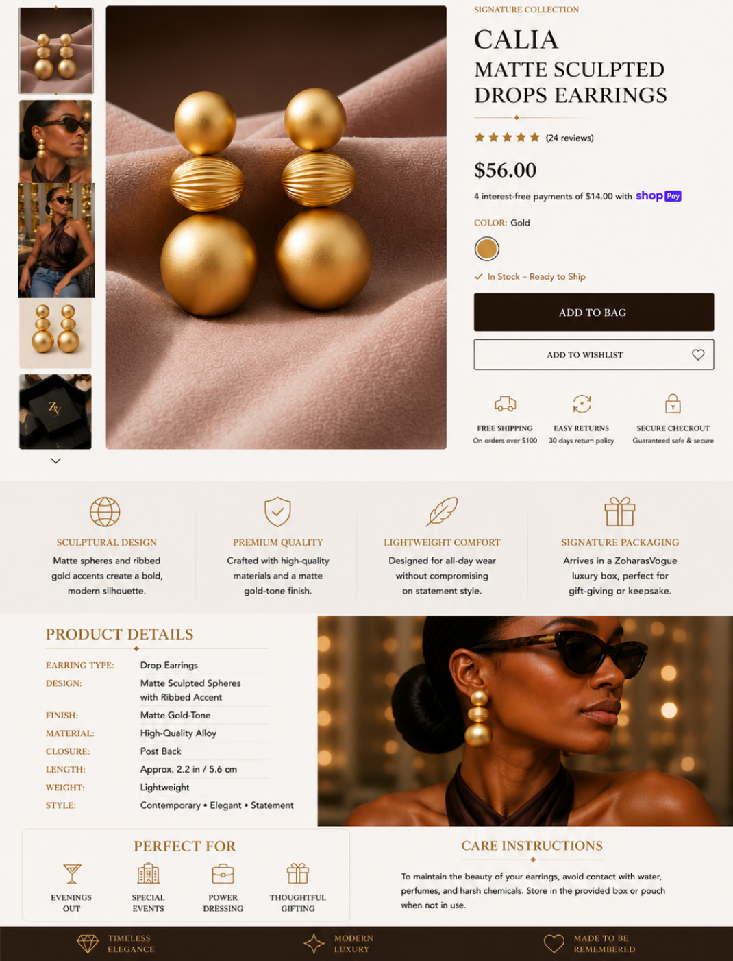 Model wearing Calia_Matte_Sculpted_Drops_Earrings_ZoharasVogue