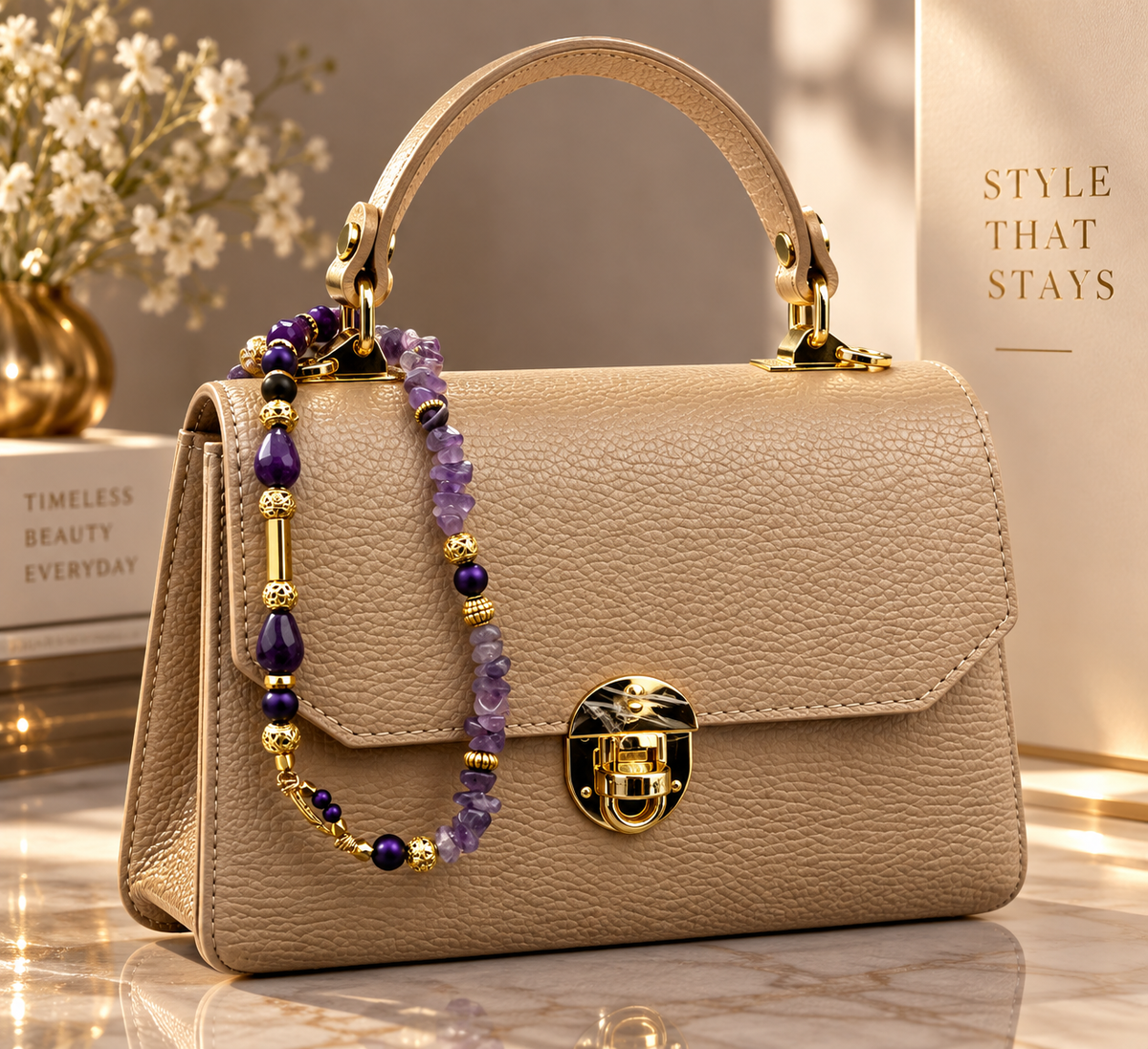 ZoharasVogue Calista Opulent taupe genuine leather handbag with gold-tone hardware and purple jeweled chain