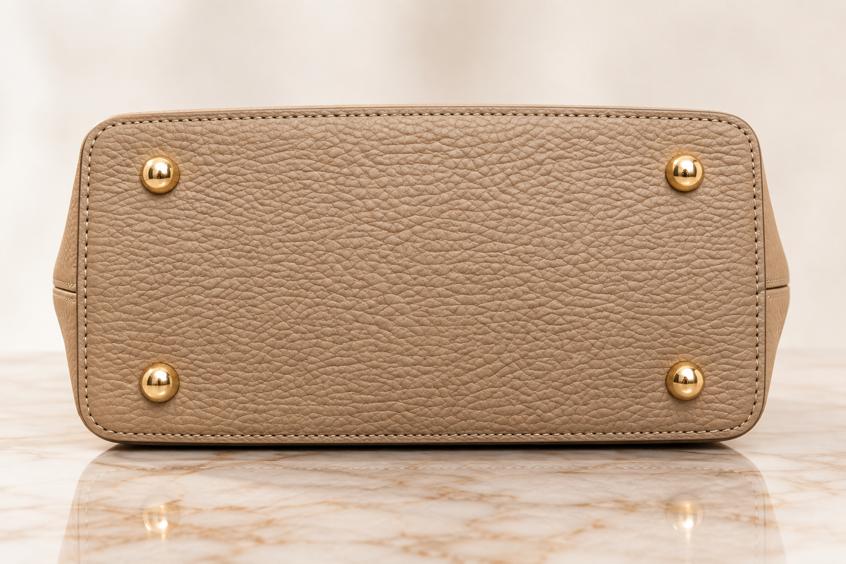 ZoharasVogue Calista Opulent taupe genuine leather handbag with gold-tone hardware and purple jeweled chain