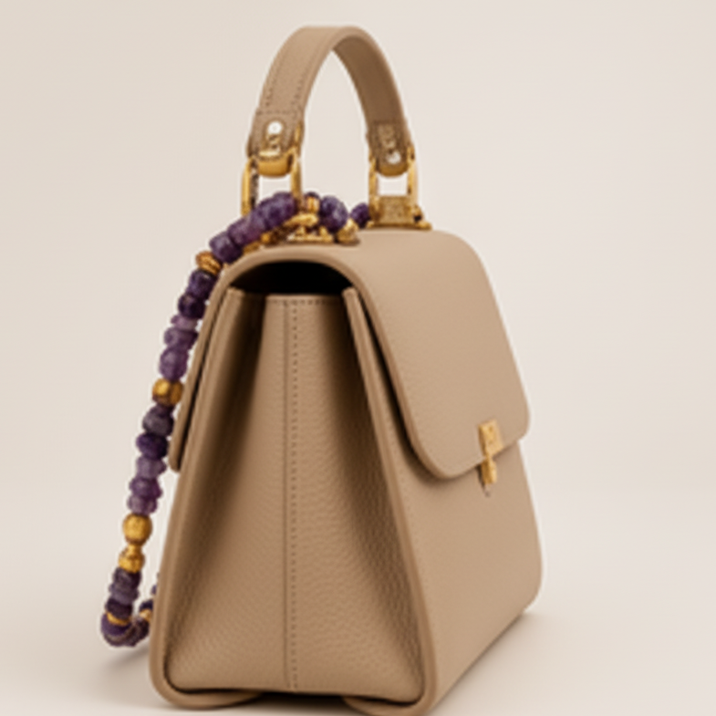 ZoharasVogue Calista Opulent taupe genuine leather handbag with gold-tone hardware and purple jeweled chain