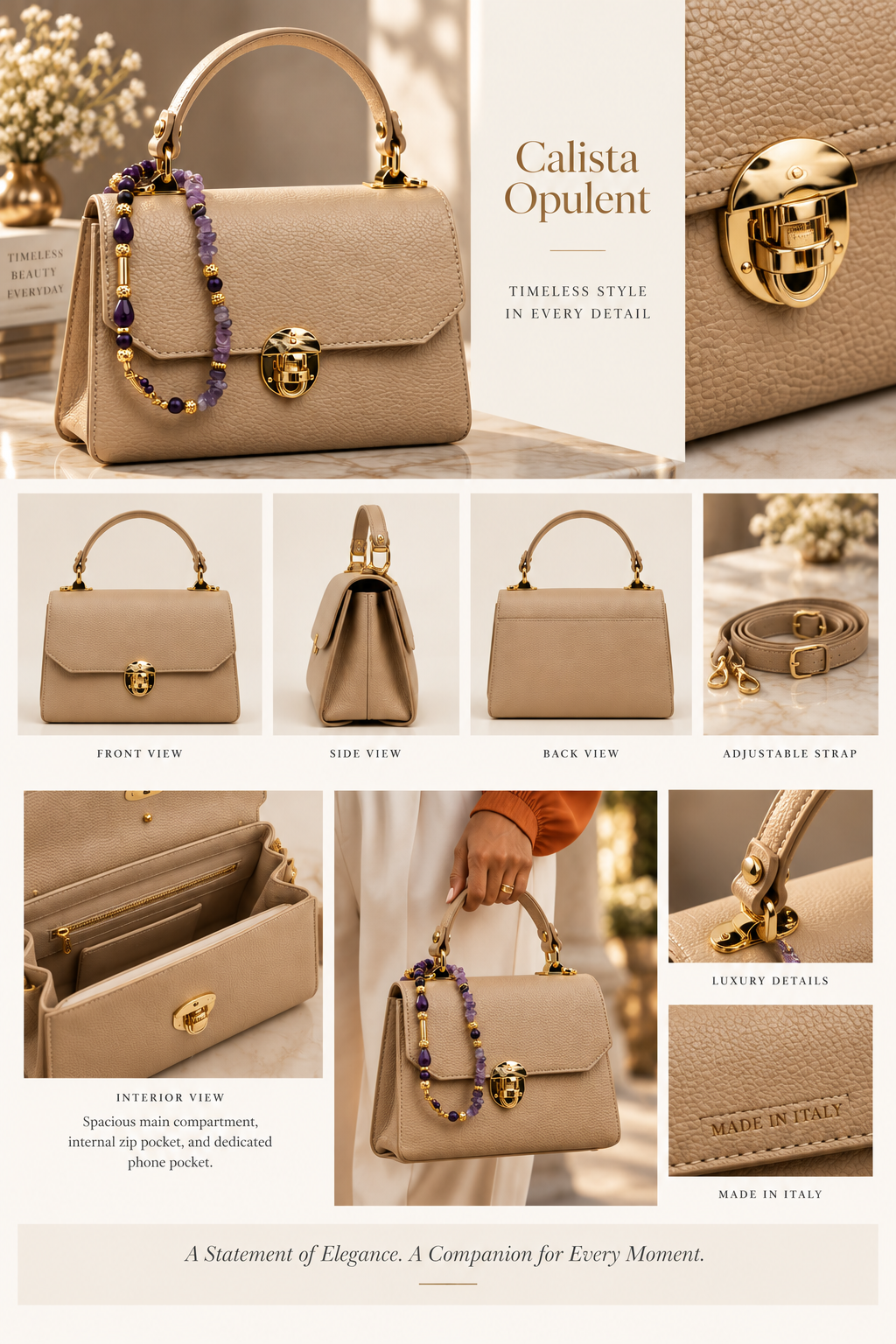 ZoharasVogue Calista Opulent taupe genuine leather handbag with gold-tone hardware and purple jeweled chain