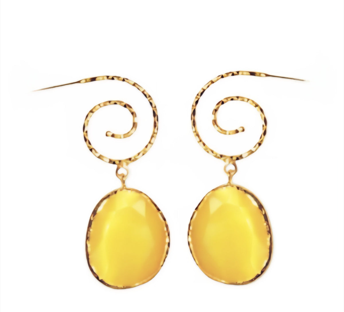 Gold earrings with yellow oval stones on a white background. ZoharasVogue