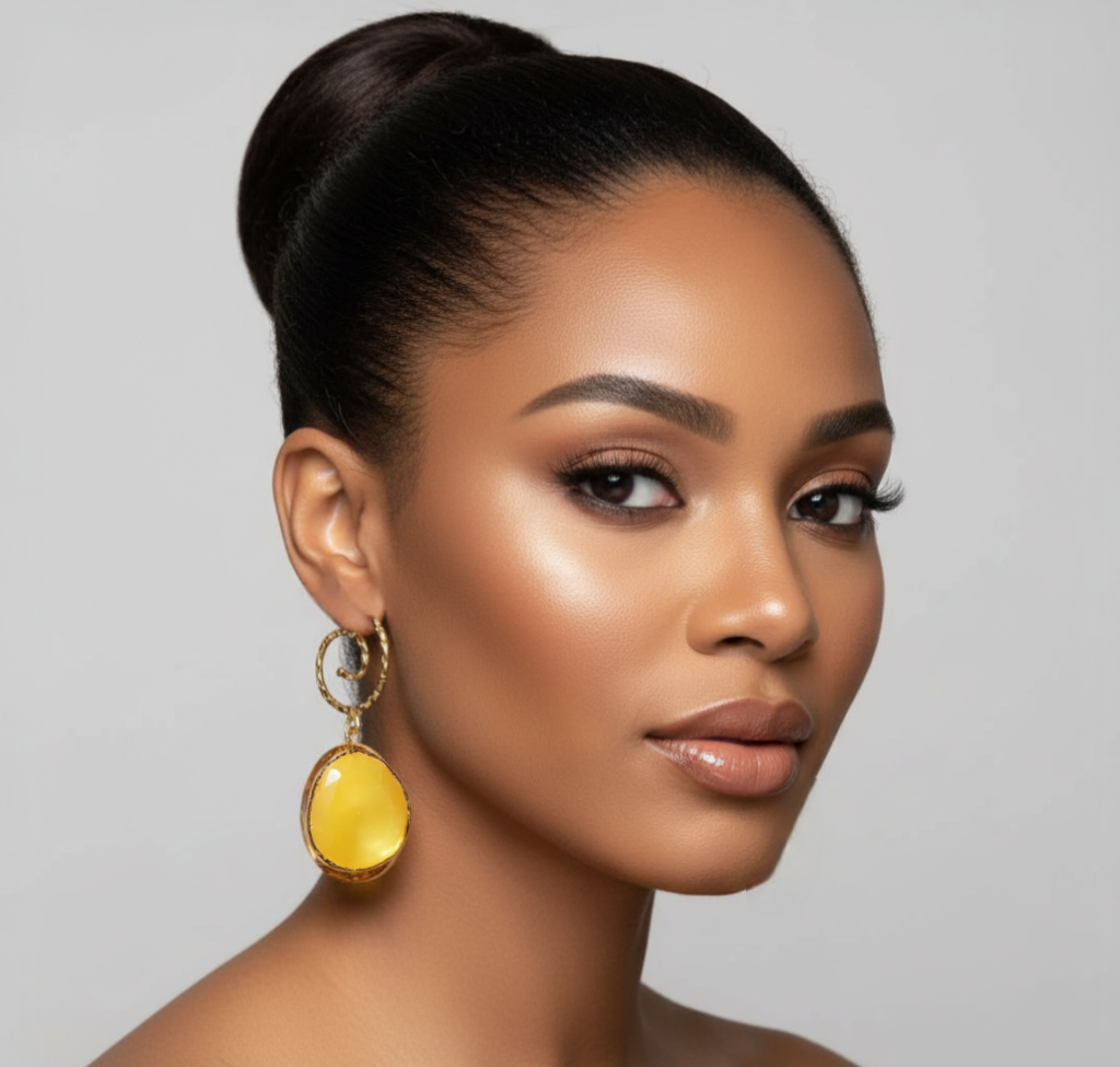 Model wearing gold earrings with yellow stones on a gray background