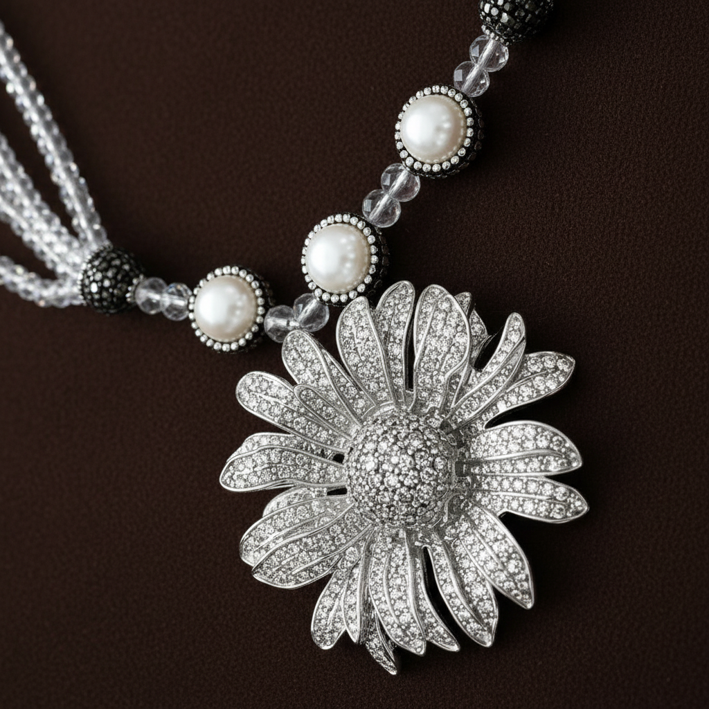 A silver-toned floral pendant necklace with pavé-set clear stones and white pearl accents on a white background. ZoharasVogue