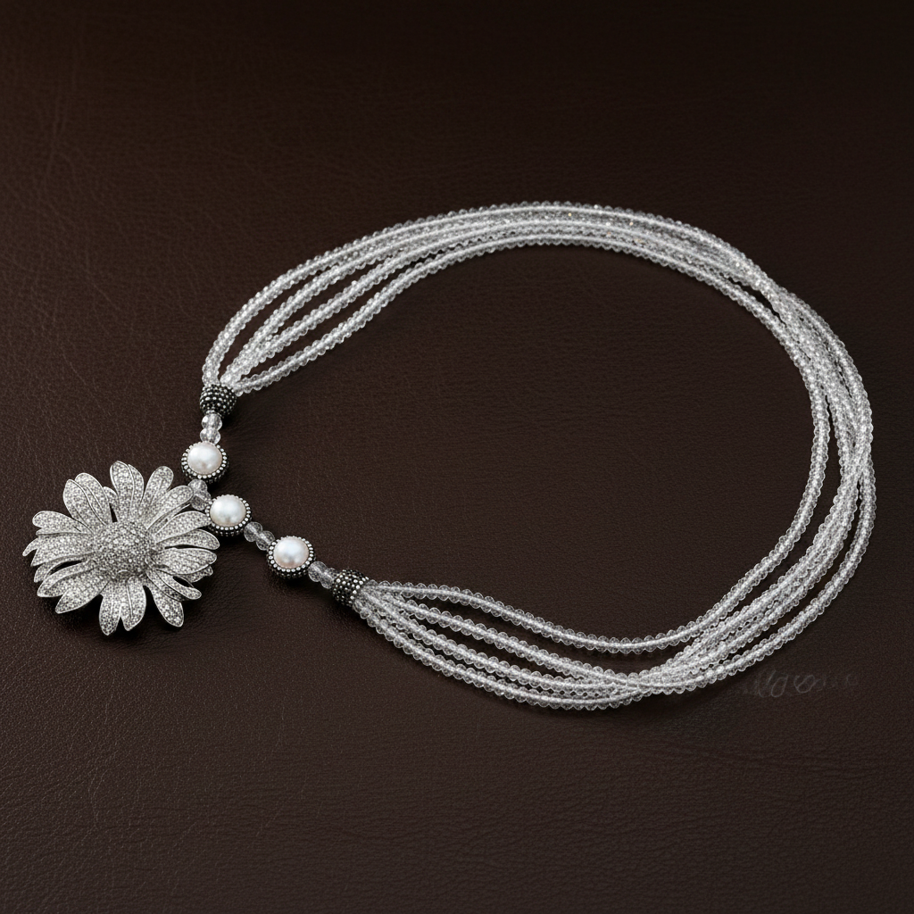 A multi-strand crystal necklace featuring a large silver flower-shaped pendant adorned with clear crystals, accented by small white and dark silver beads on a white background. ZoharasVogue