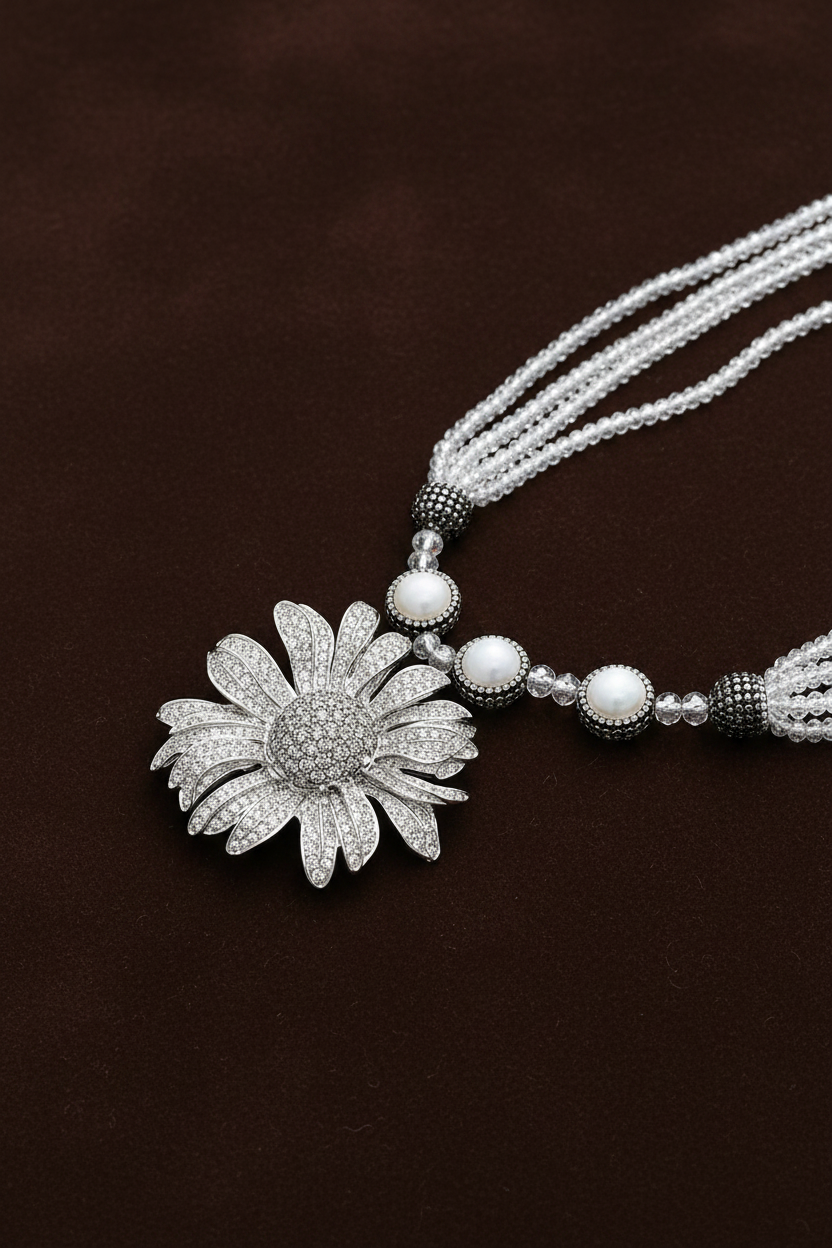 A silver-toned floral pendant necklace with pavé-set clear stones, accented by round white pearl beads and dark pavé-set spacer beads on a white background. ZoharasVogue